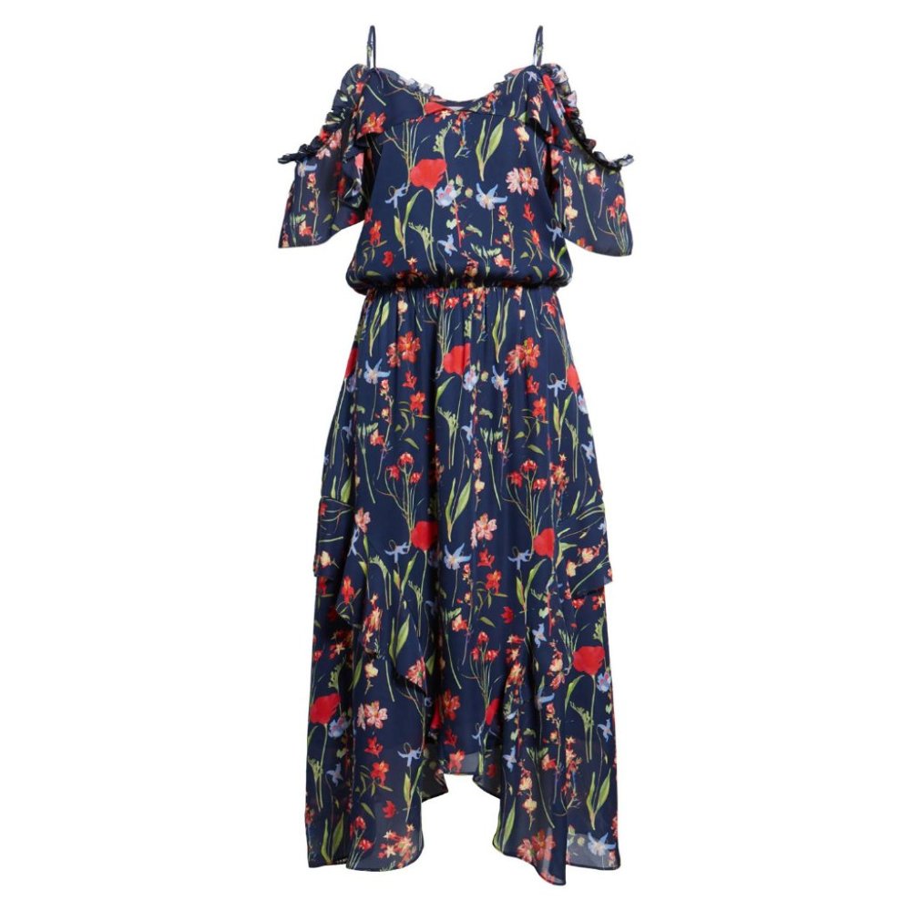 Parker Kam Cold Shoulder Floral Print Silk Midi Dress | Gardenia Night | Size XS